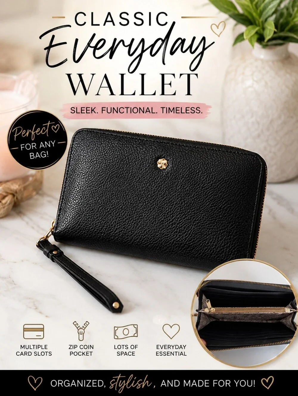 Black Pebbled Faux Leather Zip Around Wallet